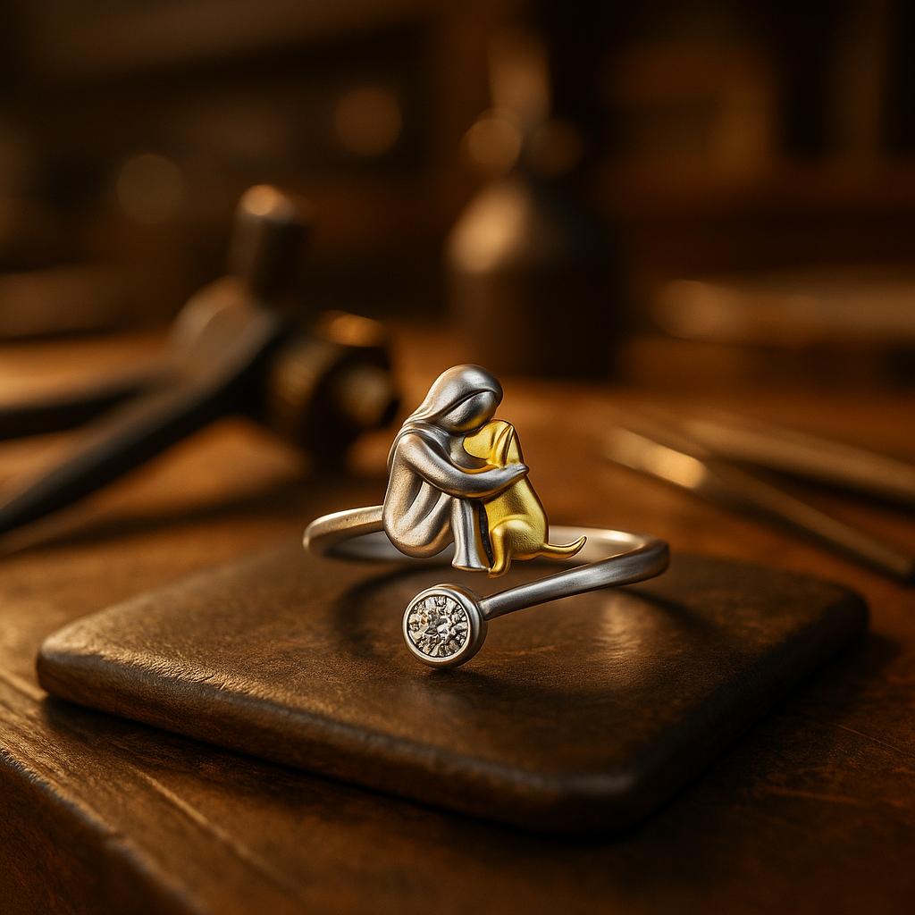 Silver ring with dog and zirconia stones.