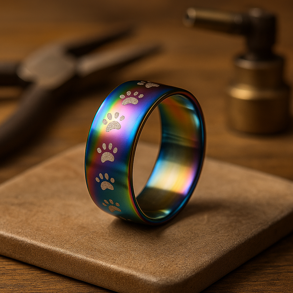 Handmade rainbow-colored stainless steel ring with paw print.