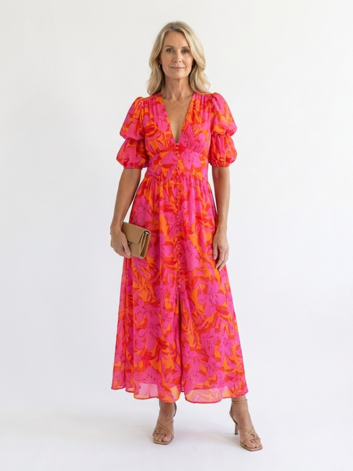 Willow | Floral V Neck Puff Sleeve Midi Dress