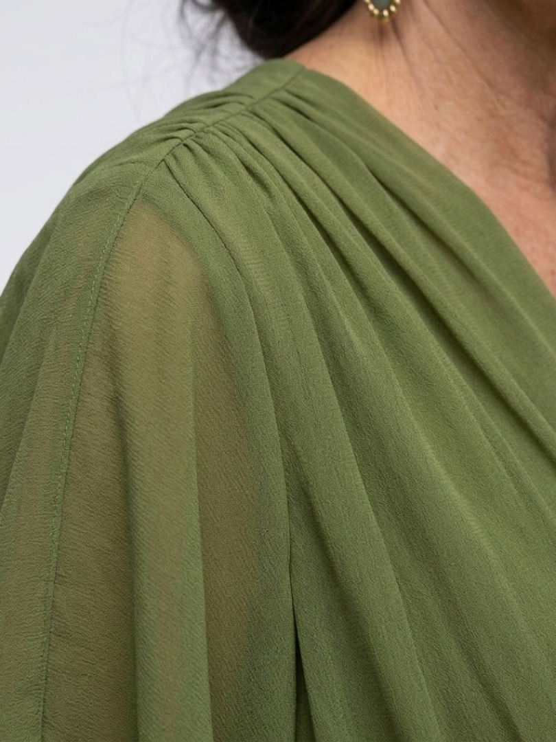 Elysia | V Neck Draped Waist Tie Midi Dress