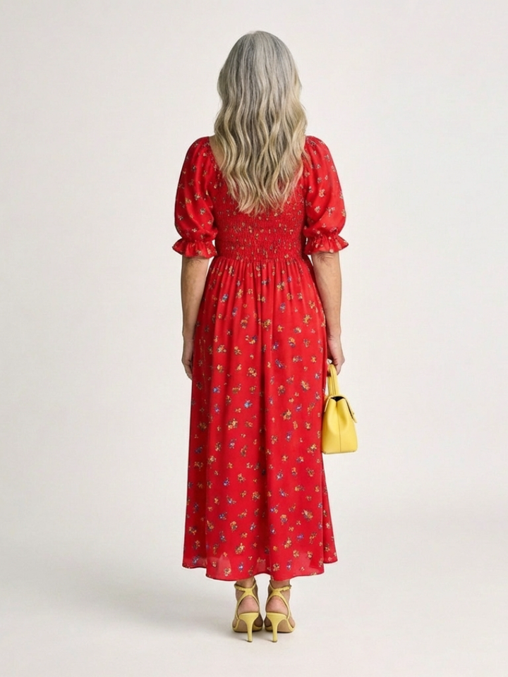 Delphine | Square Neck Floral Puff Sleeve Midi Dress