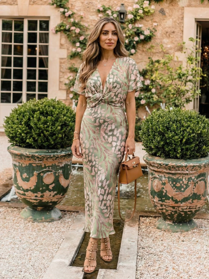 Coralie | Abstract Print V Neck Twist Waist Midi Dress