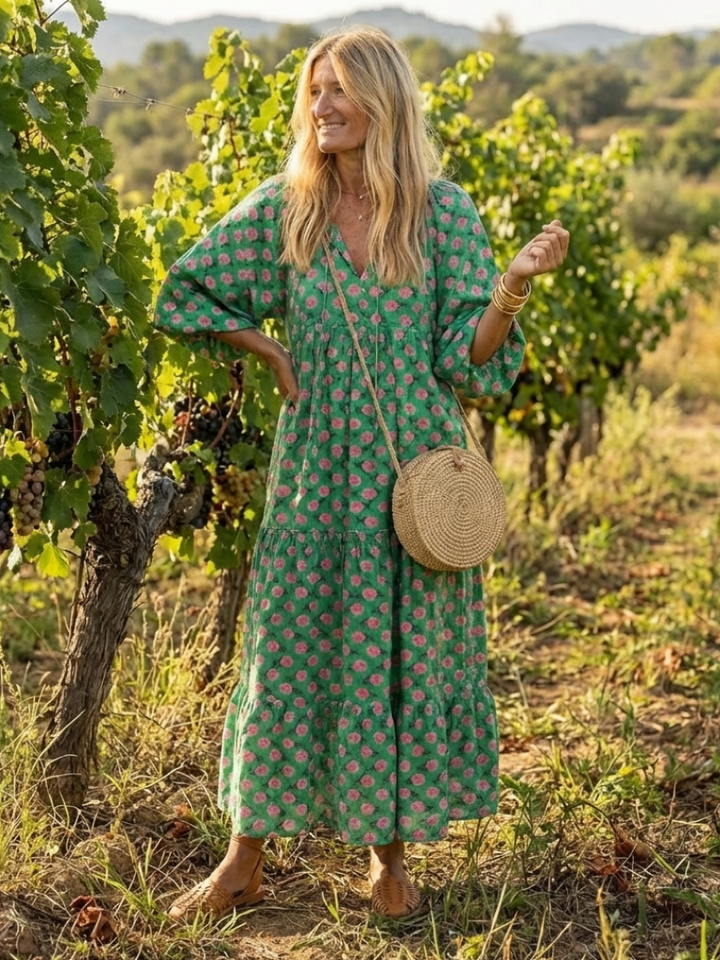 Fiora | Floral Print V Neck Tiered Midi Dress