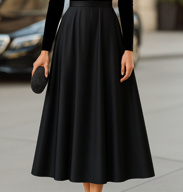 Ava | Elegant Black Velvet And Satin Midi Dress