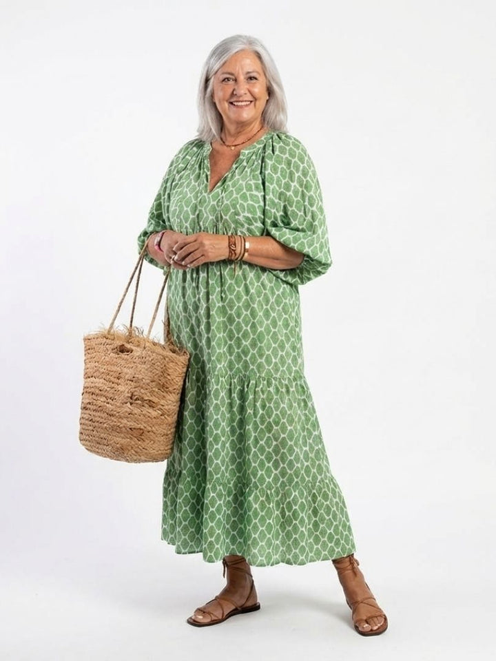 Apolline | Three Quarter Sleeve V Neck Patterned Midi Dress