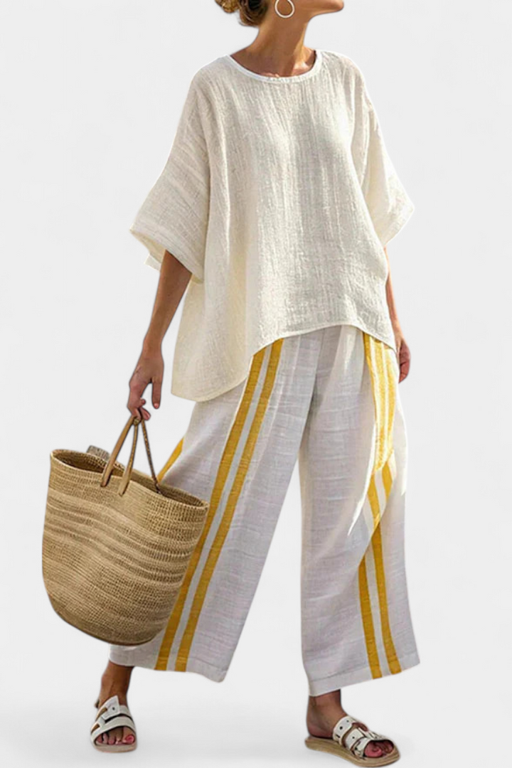 Anselor | Elegant Yellow Striped Linen Top & Wide-Leg Pants