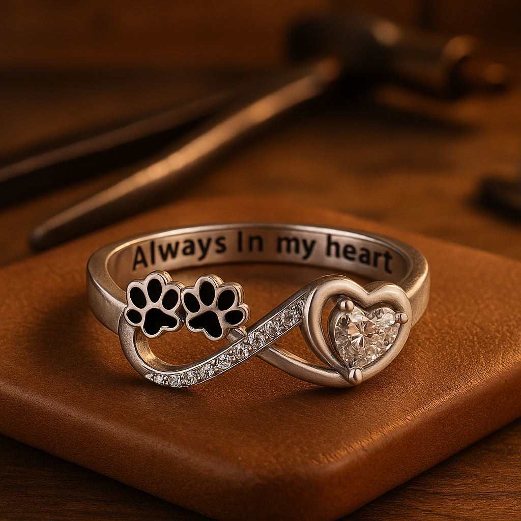 Ring with paw-shaped zirconia, heart, and infinity symbol.