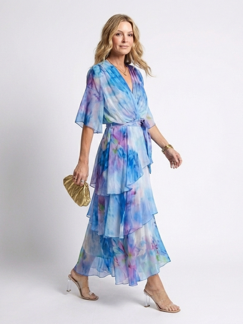 Calista | Sheer Layered V Neck Tie Waist Maxi Dress