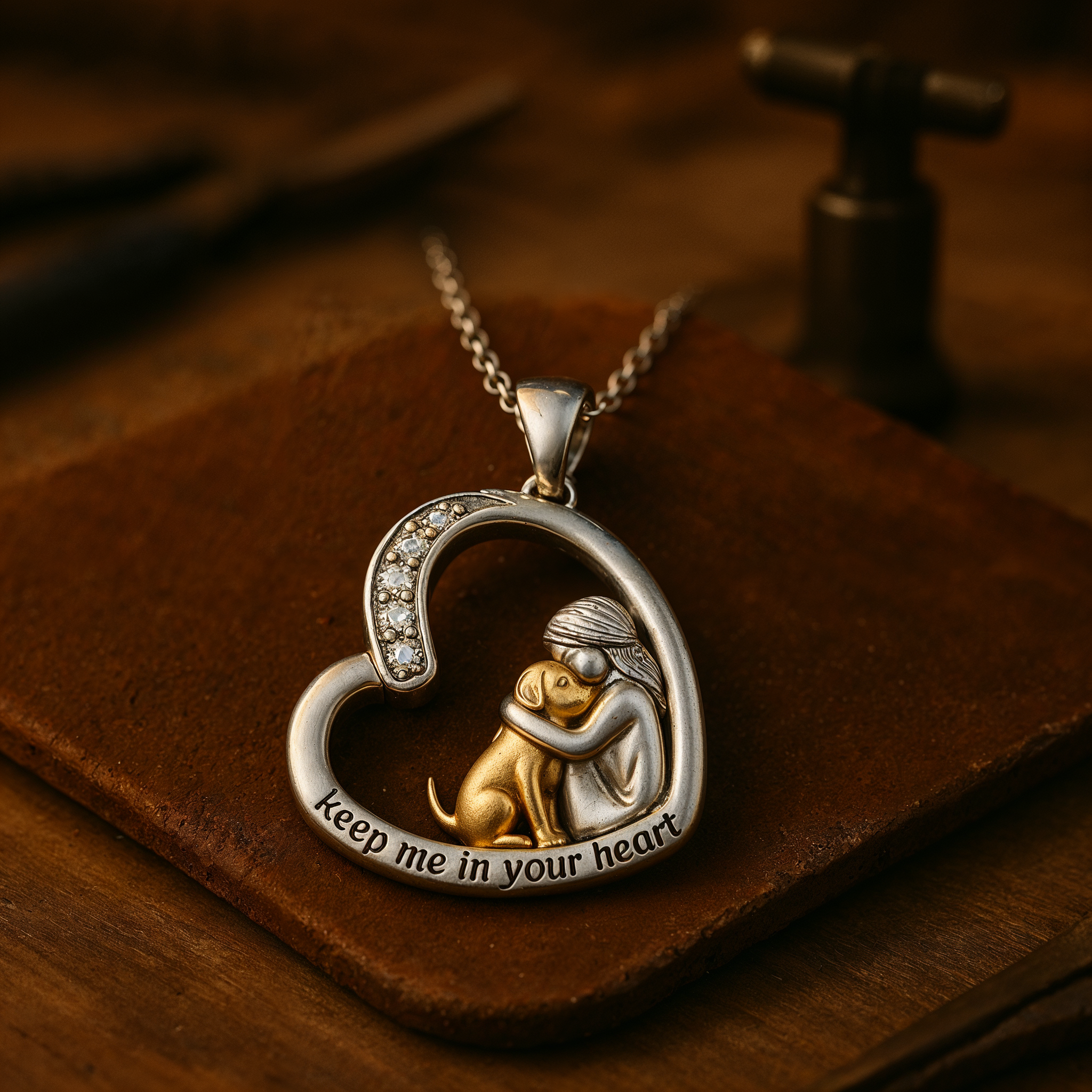 Silver necklace with heart, dog, and zirconia stones