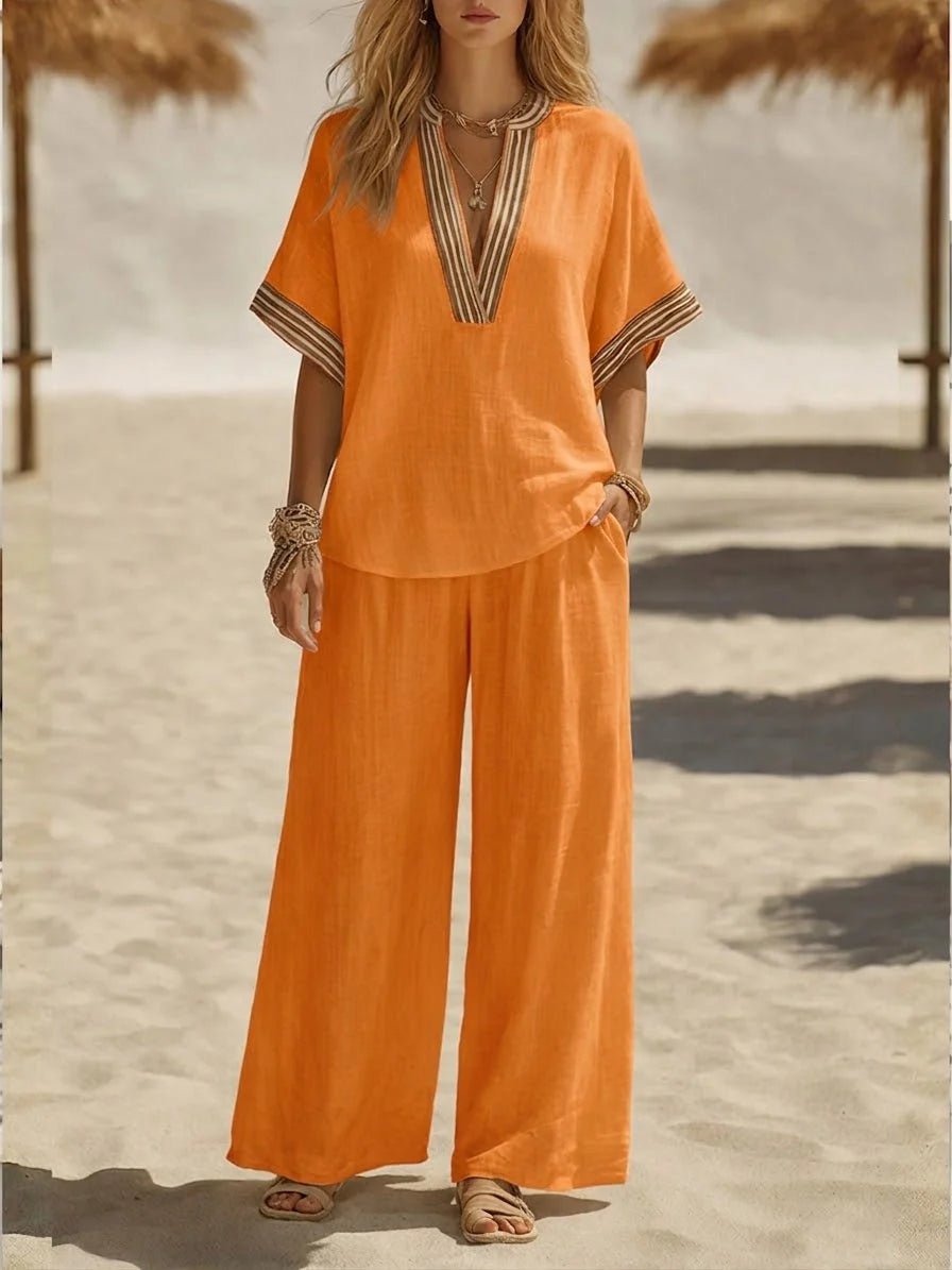 Maribel | Relaxed Linen V-Neck Two-Piece Set