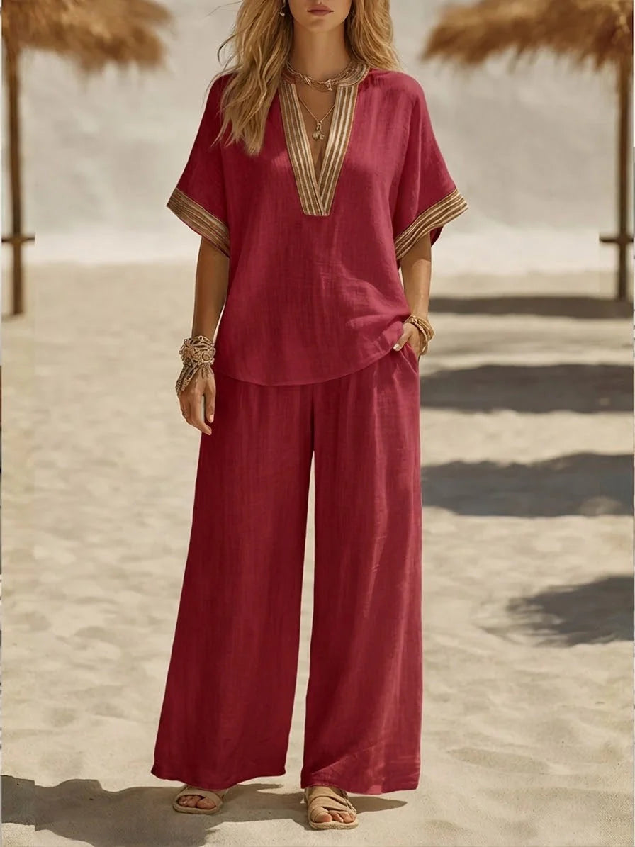 Maribel | Relaxed Linen V-Neck Two-Piece Set