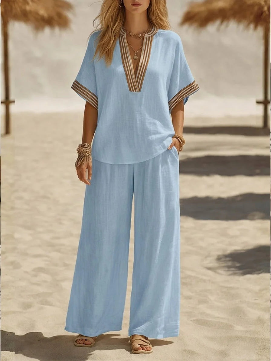 Maribel | Relaxed Linen V-Neck Two-Piece Set